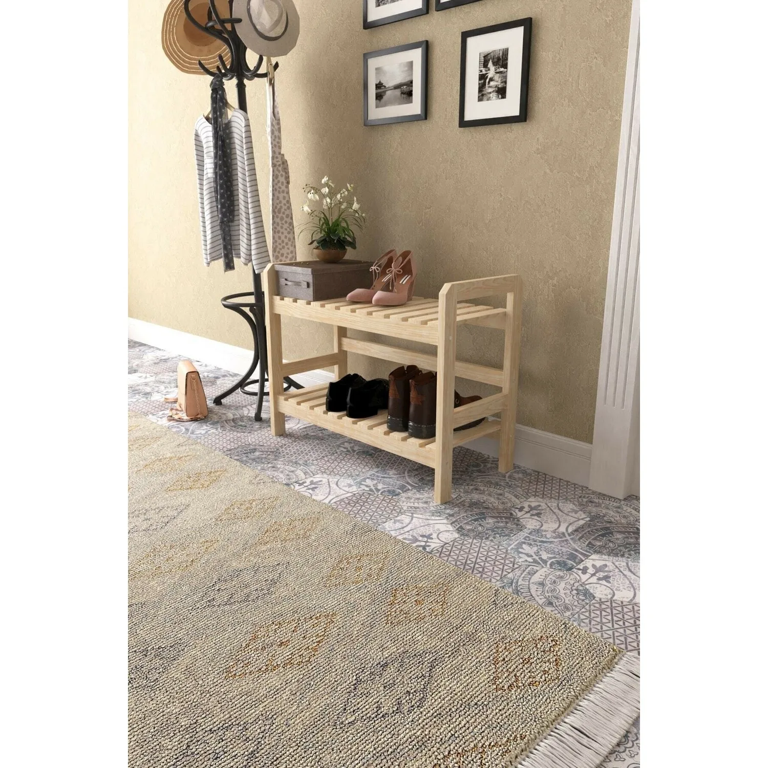 Tedarik ที่แขวนรองเท้าไม้เคลือบเงา2ชั้น68x52x30ซม. ทนทานที่แขวนรองเท้าเช็ดได้