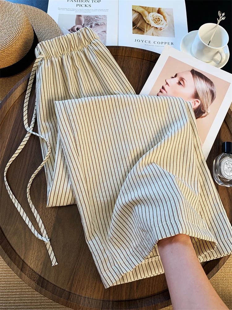 Dames groen gestreept katoen met veters, elastische taille, wijde pijpen, broek 2025, zomer, nieuwe dagelijkse hoge taille, losse casual broek