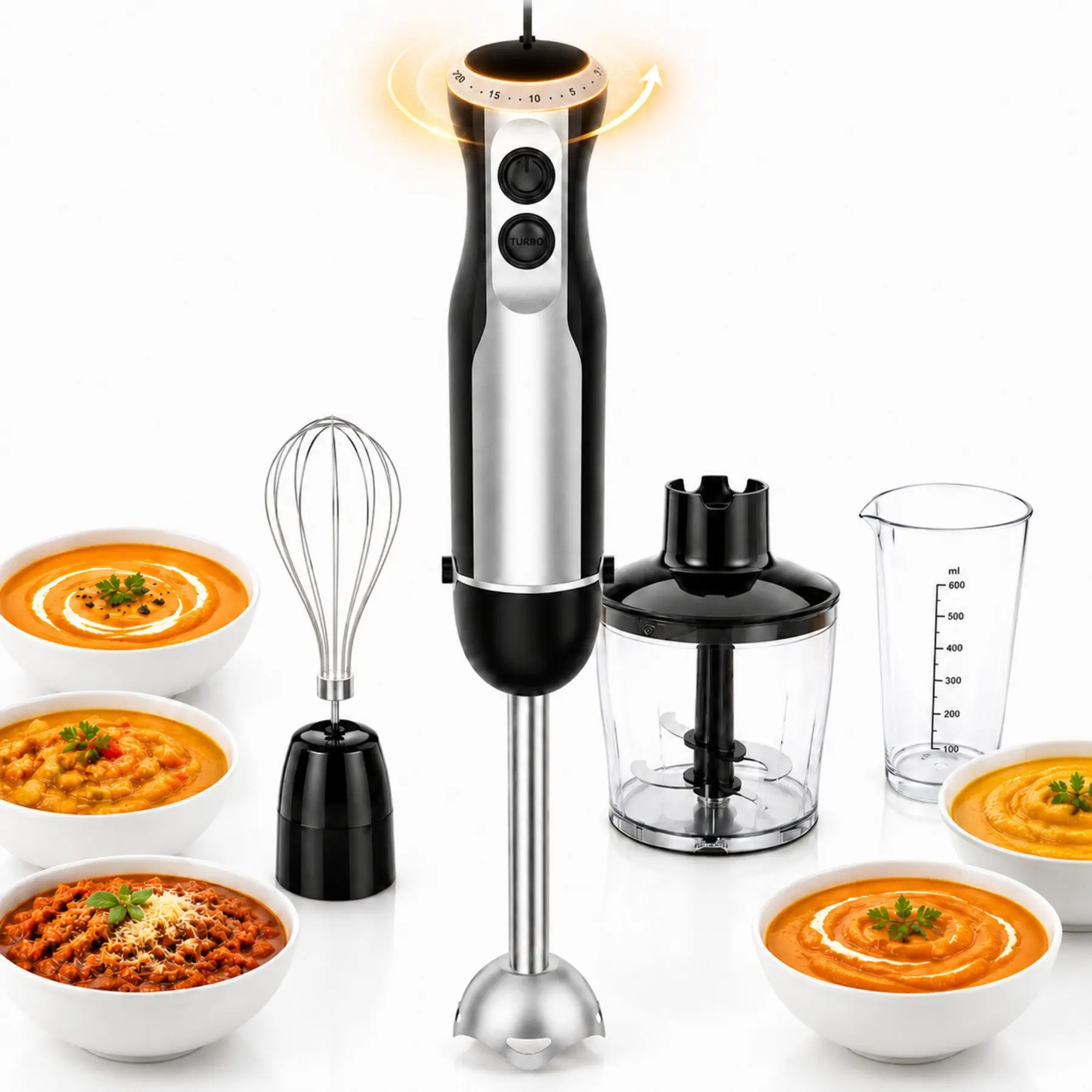 Staafmixer 1000W 4-in-1, met 20 snelheden & turbofunctie voor smoothies, soep & babyvoeding