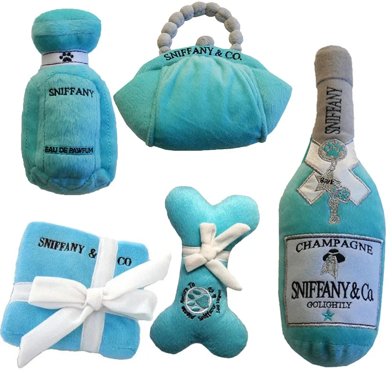 Wholesale Designer Luxury Alcohol Bottle Blue Champagne Dog Plush Toys Chihuahua Yorkshire Squeaky Toy