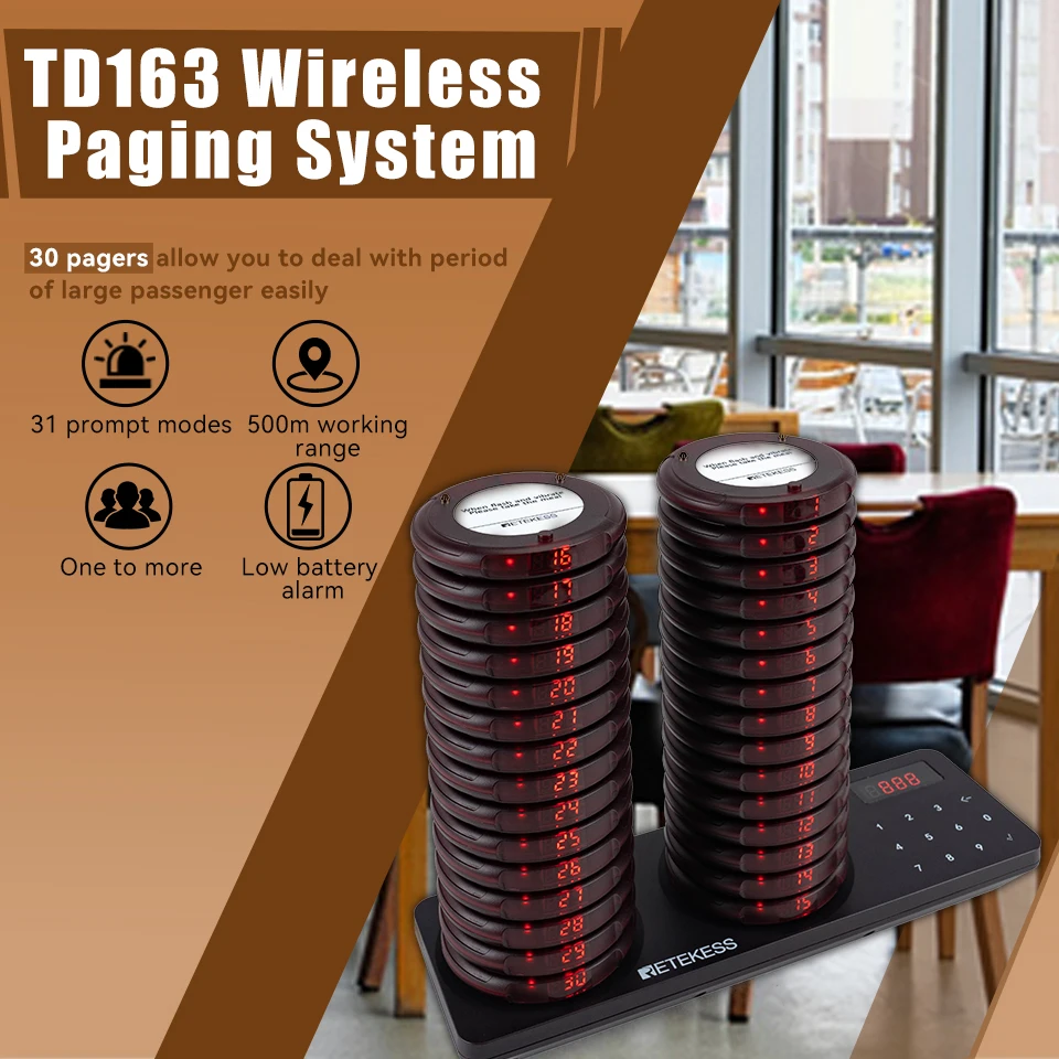 Retekess TD163 Pagers for restaurant wireless calling system 30 coaster buzzer vibrator bell receivers for food truck cafe bar