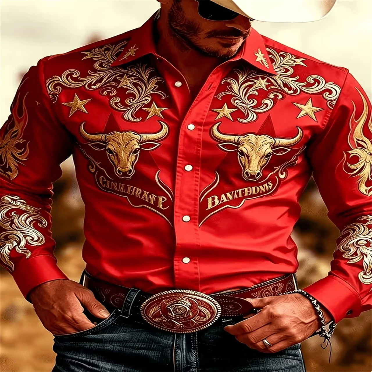 Men Western Cowboy Long Sleeve Shirt  Gold Bull Star Floral Print Button‑Down Shirt Vintage Country Party Casual Men Top