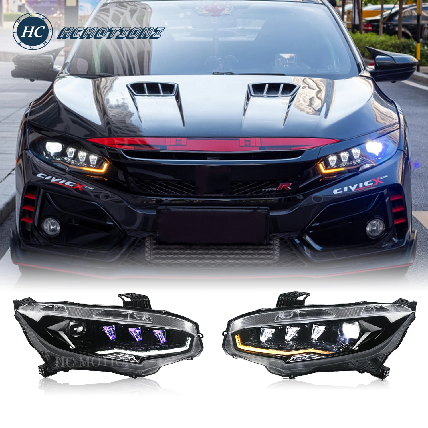 

HCmotion Auto LED Headlights for Honda Civic Crystal Rotation 10th Gen 2016-2021 Front Sequential Headlamp Sedan Headlights