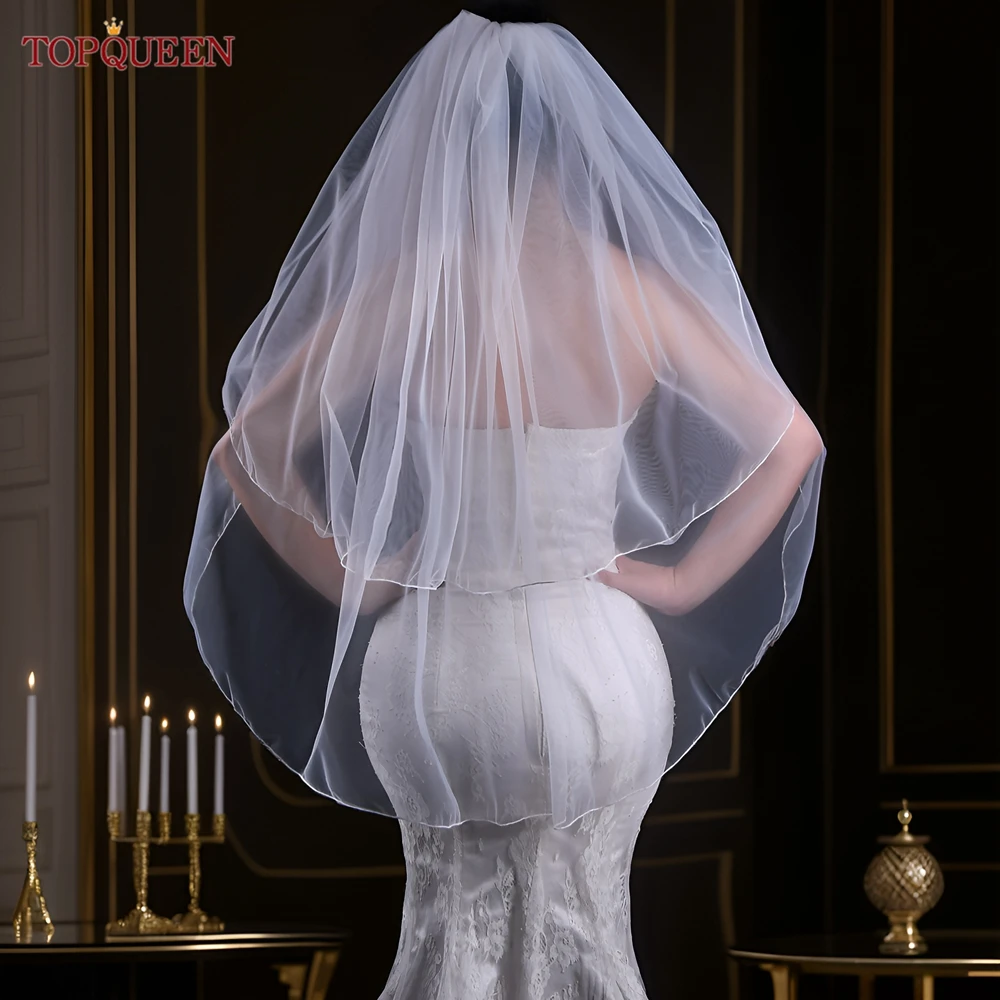 TOPQUEEN-velo de novia V15 de doble capa, velo de novia Simple con peine, borde de lápiz, doble capa, accesorios de boda