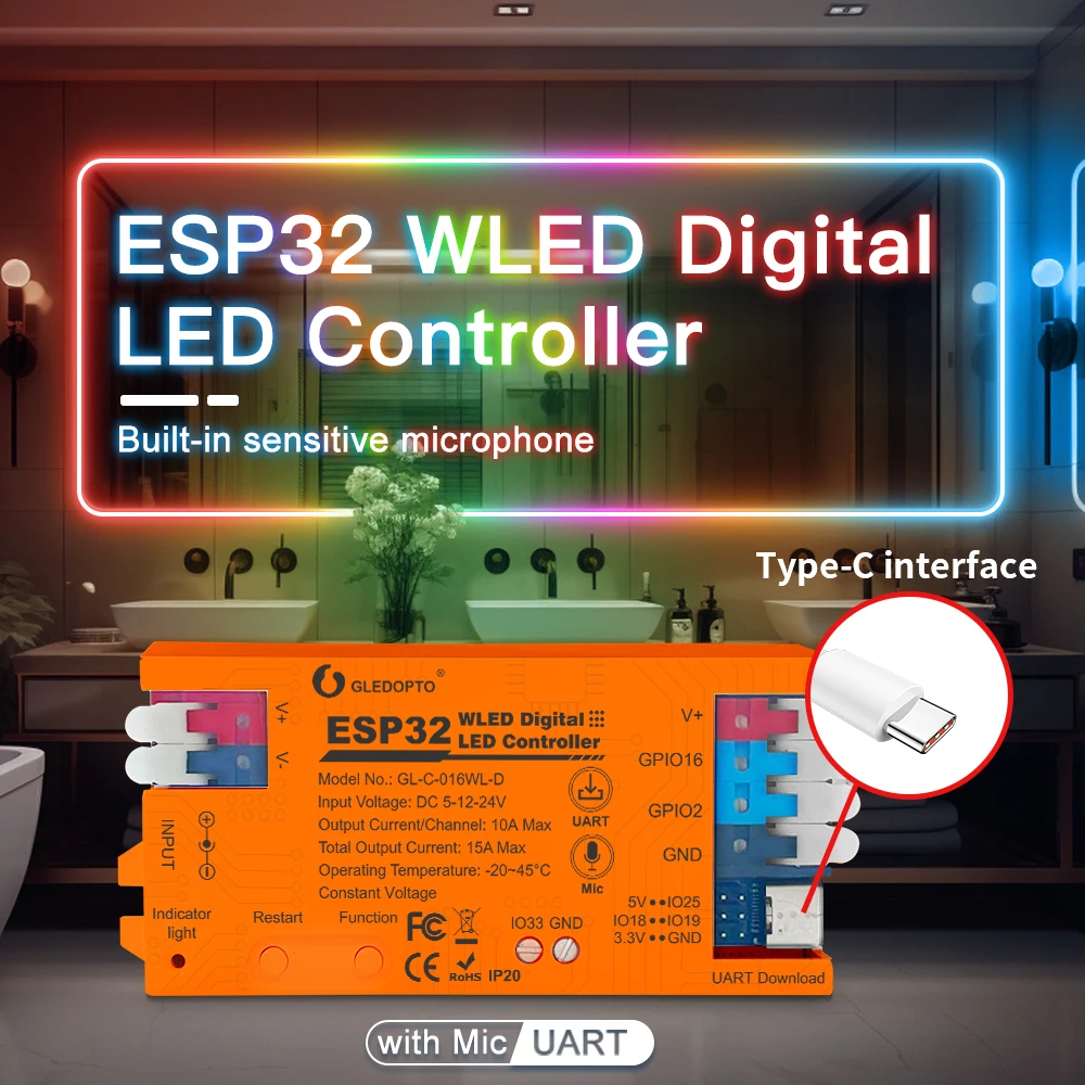 GLEDOPTO ESP32 WLED LED Controller DIY Dynamic Works Addressable Digital WS2811 WS2812 SK6812 TM1814 WS2813 WS2815 Strip Light