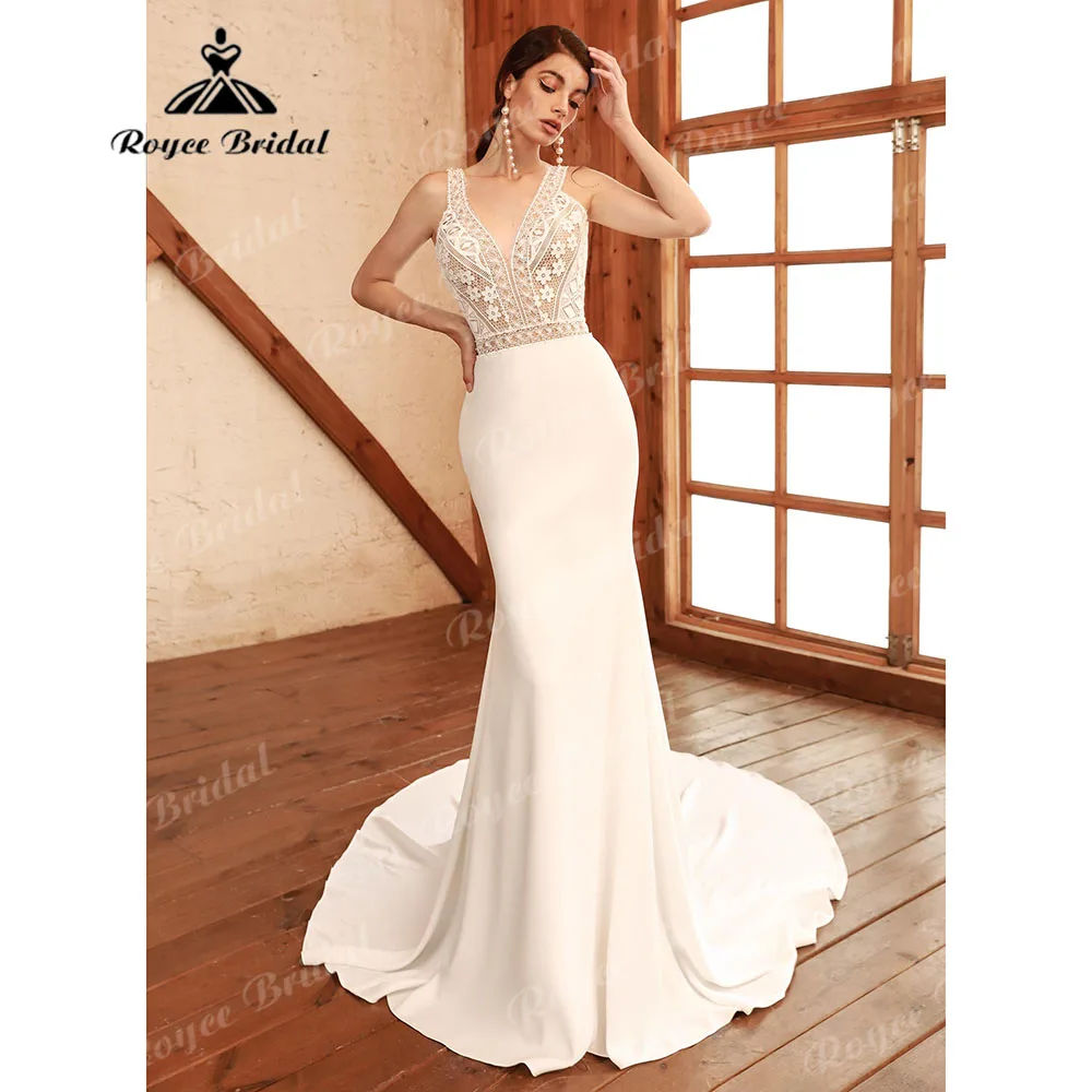 vestido noiva civil Soft Satin Lace Bodice Boho Mermaid Wedding Dress for Women 2024 Backless Bridal Gown with V Neck Roycebrida