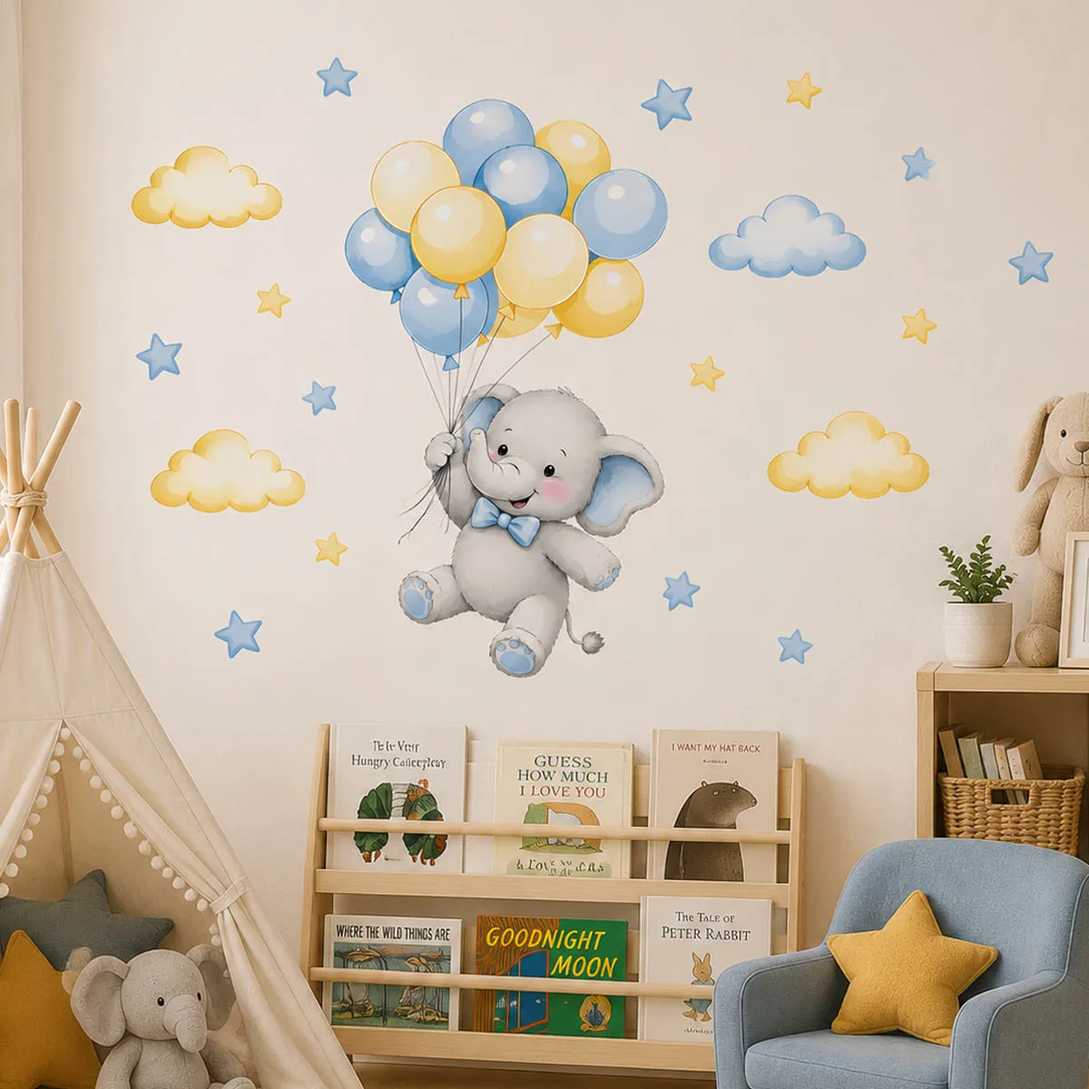 Watercolor Elephant Flying Balloons Wall Stickers Cloud Star Decal Self Adhesive Wallpaper for Baby Nursery Kids Decor
