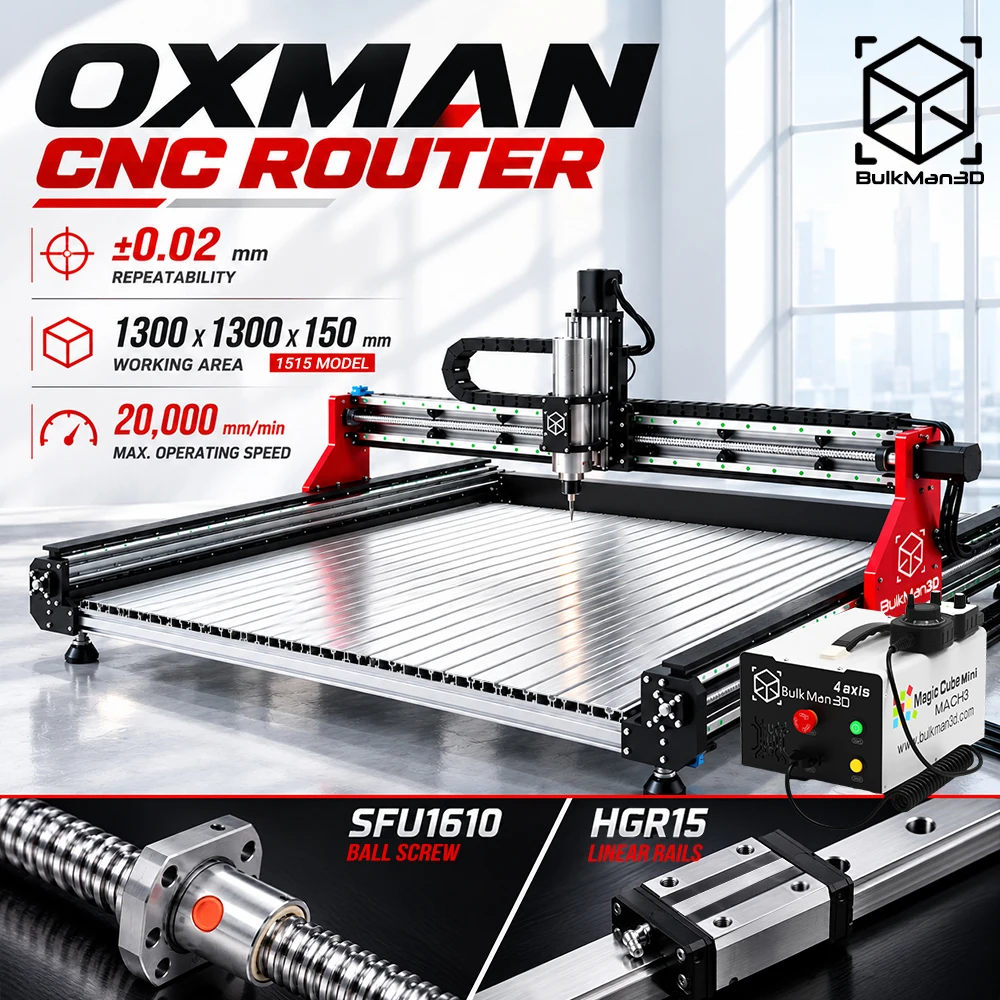 BulkMan3D OXMAN Ultra 4-Axis CNC Router with Closed-Loop SFU1610 Ball Screw Dual Rails Mach3 Control for Metal Wood Engraving