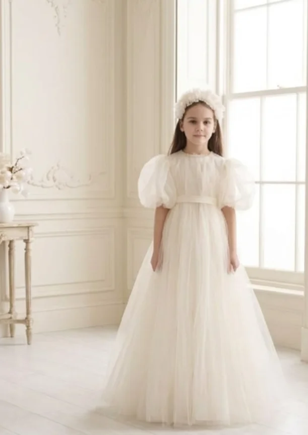 Customized Flower Girl Dresses Ivory Tulle Puff Sleeve For Wedding Birthday Party Gown Banquet Holy First Communion Gowns