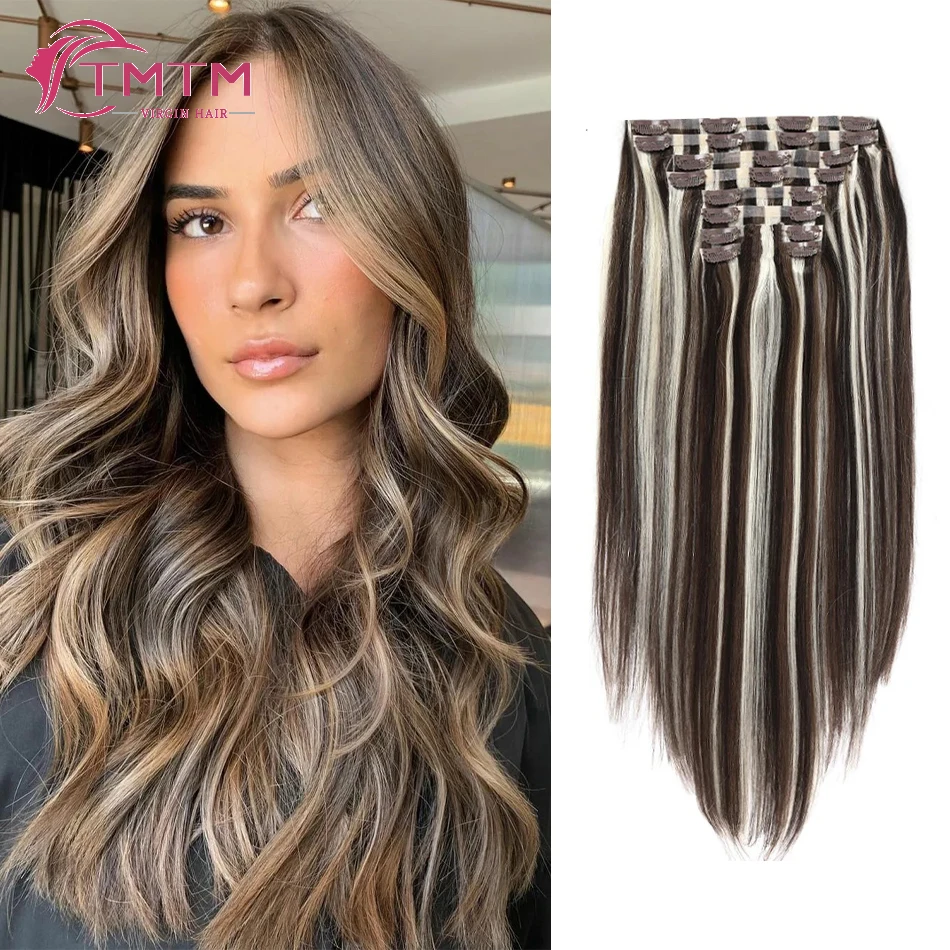 

Clip in Human Hair Extensions Light Brown Mixed Platinum Blonde Seamless Clip ins Remy Virgin Human Hair PU Skin Weft 120G 140G