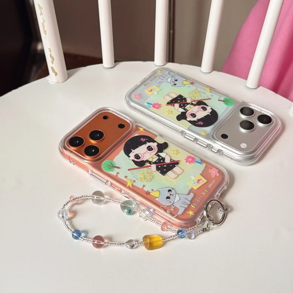 Korean Ins Sweet Cartoon Girl and Cat Transparent Phone Case for iPhone 17 Pro 15 16 17 Promax 15 Pro 14 13 Cute Shockproof Case