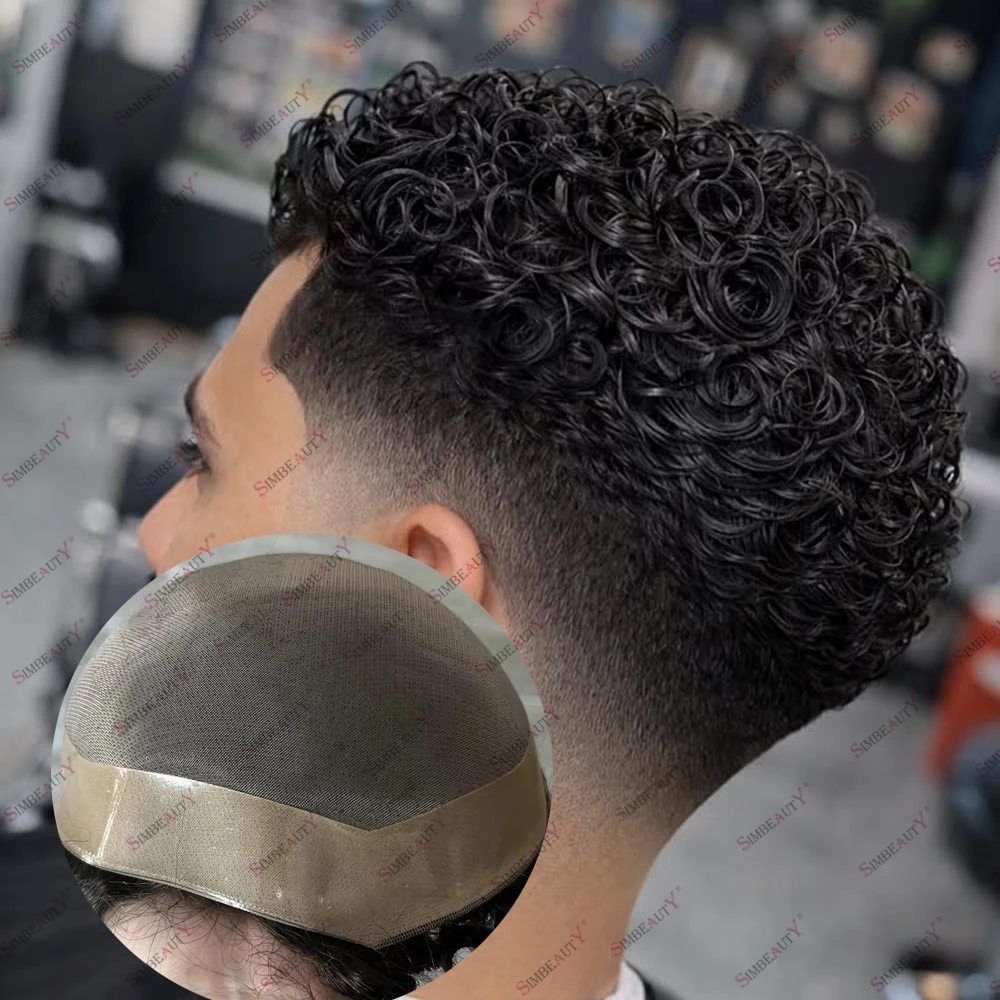 

Искусственный парик из моноволокна и NPU с кучерявыми волосами 15-18 мм, дышащий, для мужчин с облысением, прочный протез для замещения волос для чернокожих мужчин