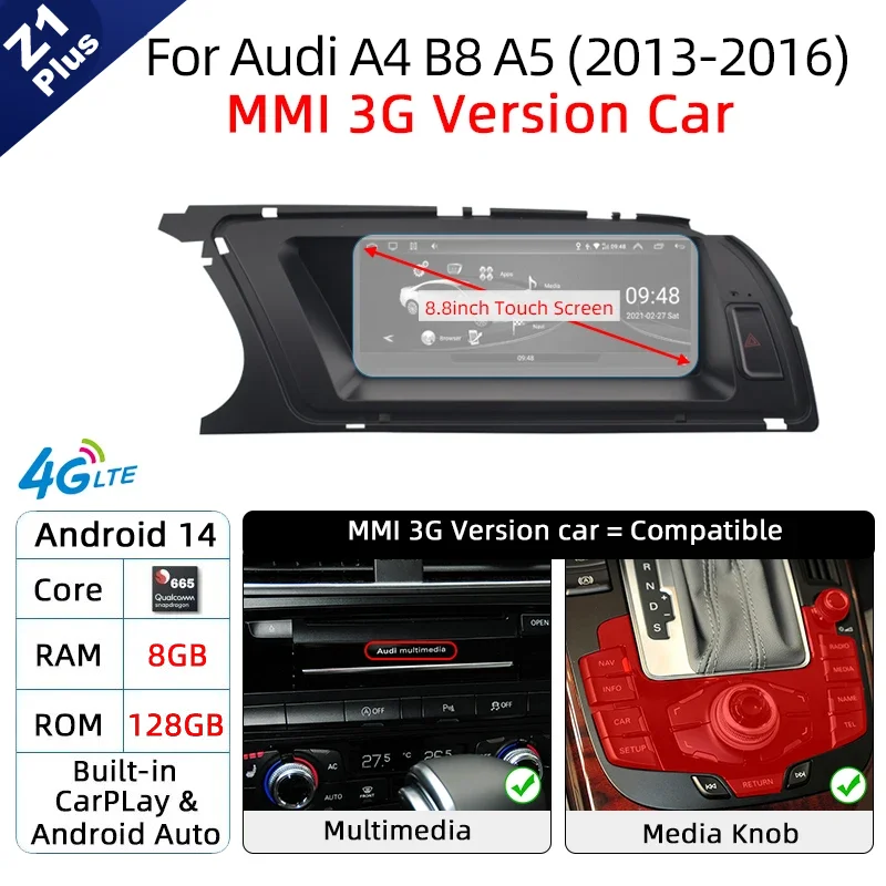 Android 14 Wireless Carplay Auto Radio For Audi A4 B8 A5 2008-2017 GPS Car Radio IPS Touch Screen Multimedia Android Auto BT DSP image 3