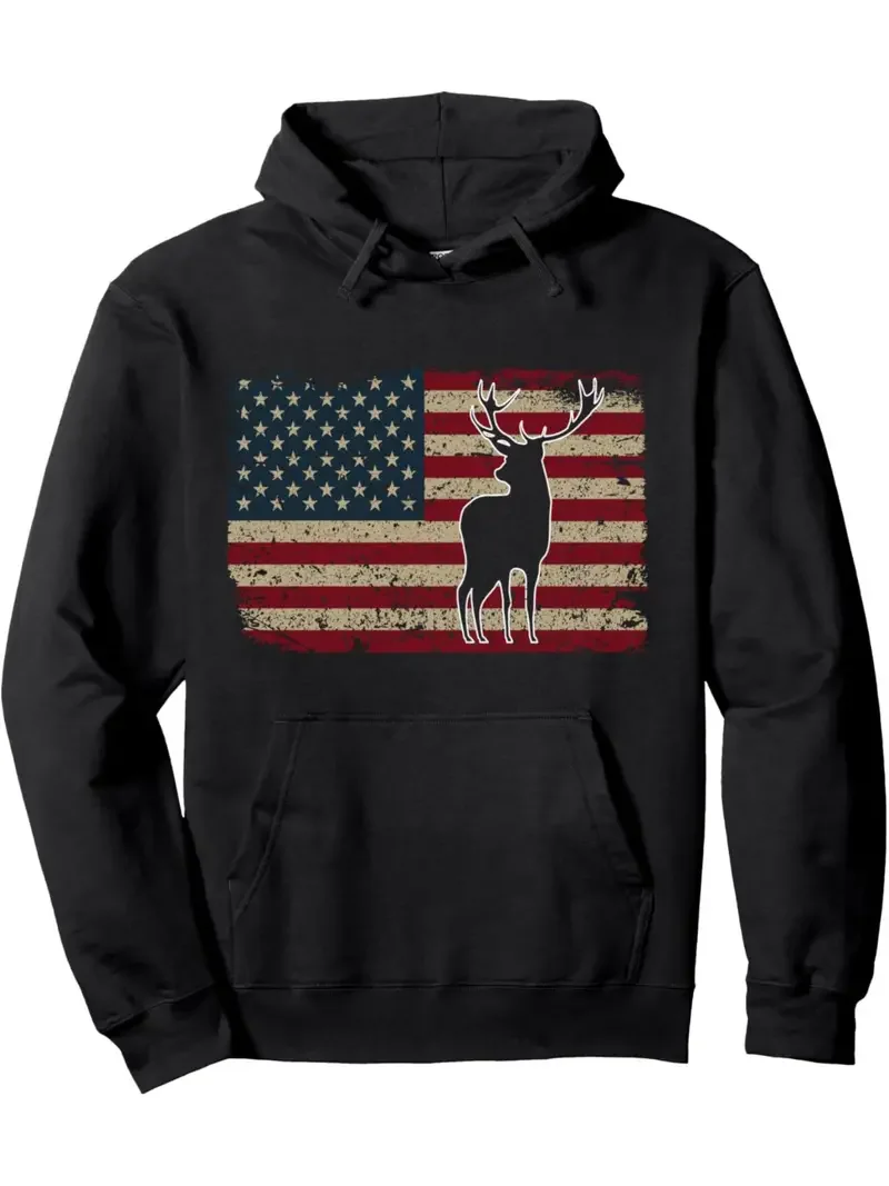 New Men's Hoodie, Elk American Flag American Proud Hunter Creative Cotton Soft Breathable Sweatshirt