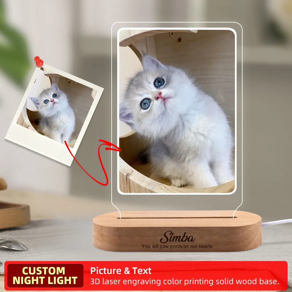 CUSTOM สุนัข Photo Night Light สัตว์เลี้ยง Memoral ของขวัญ Light Up สัตว์เลี้ยง Memorial Plaque Cat Photo ของขวัญของขวัญส่วนบุคคลสําหรับ PET Loss