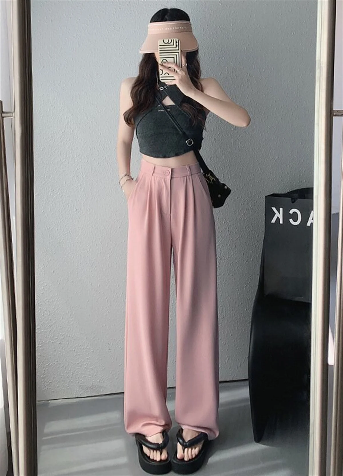 Women Fashion Suit Pants Lady Breathable Baggy High Waist Wide Leg Summer Trousers Lady Straight Leg Black Coffee Classic Pants