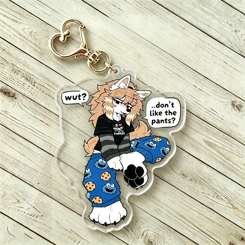 Wolfdog Furry Acryl-Schlüsselanhänger Lustiges Krümelmonster-Hosen-Design Niedlicher Anthro Fursona Anhänger Taschenanhänger Sammlerstück Geschenk für Fans