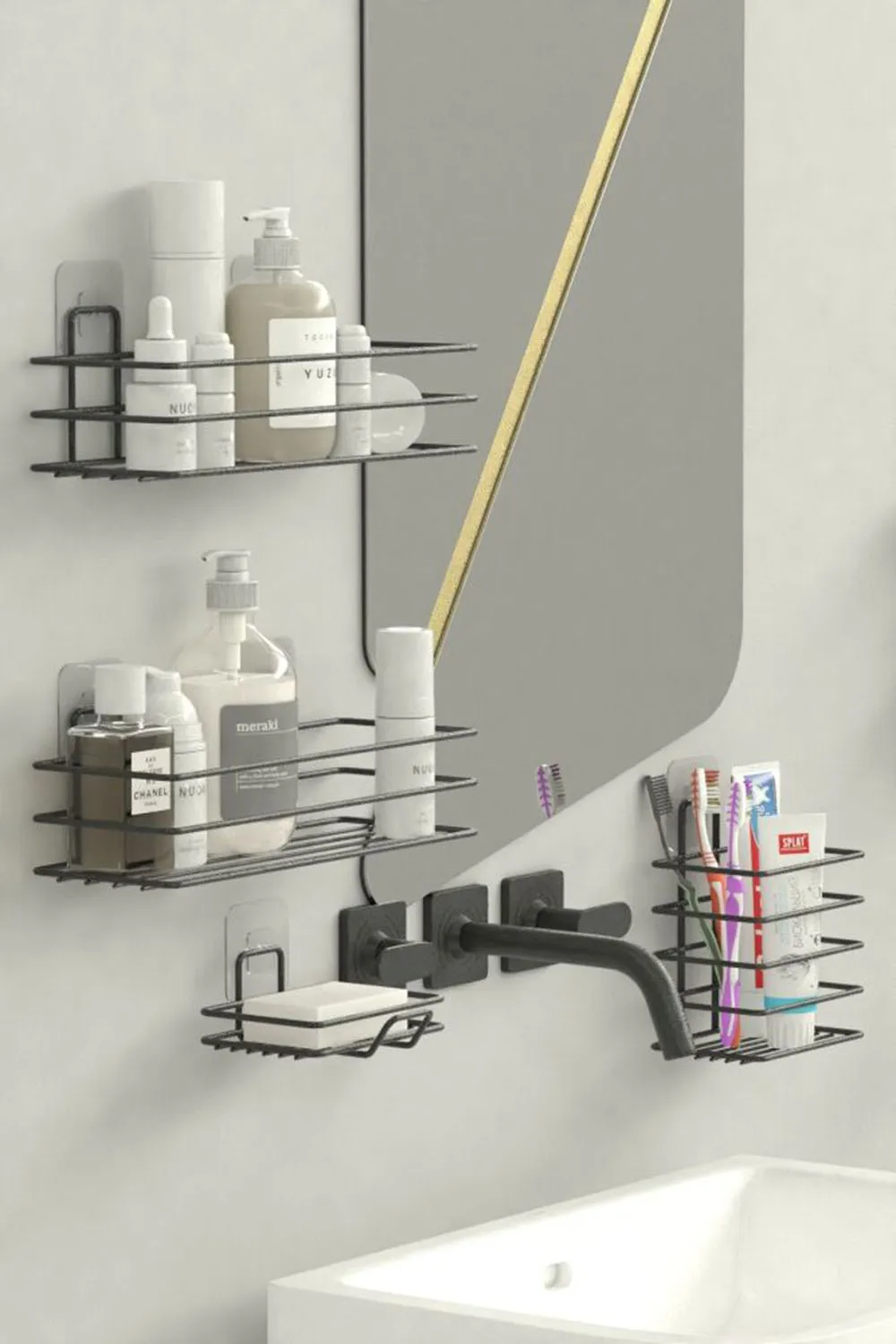 Adhesive Bathroom Set Shower Shelf + Soap Dish + Toothbrush Holder Metal Set