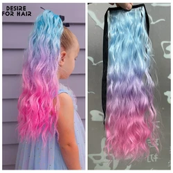 Ombre Blue Pink 22Inch Wavy Curly Ribbon Ponytail For Kids and Women Synthetic Clip In Drawstring Ponytail Extension Hair Piece