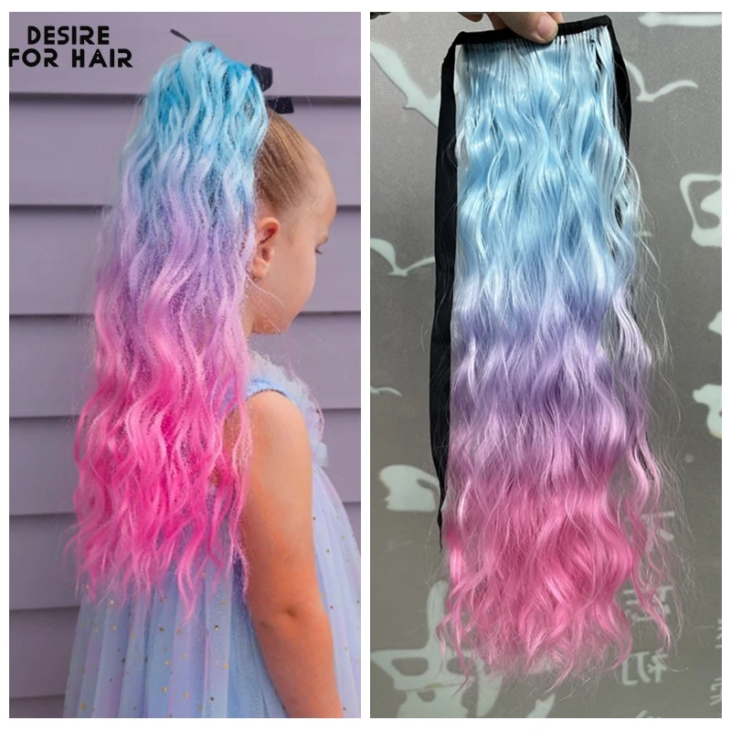 Ombre Pink Synthetic Curly Ponytail Drawstring 22Inch Wavy Clip In Ponytail Extensions For Kids Party Event Daily Wearing