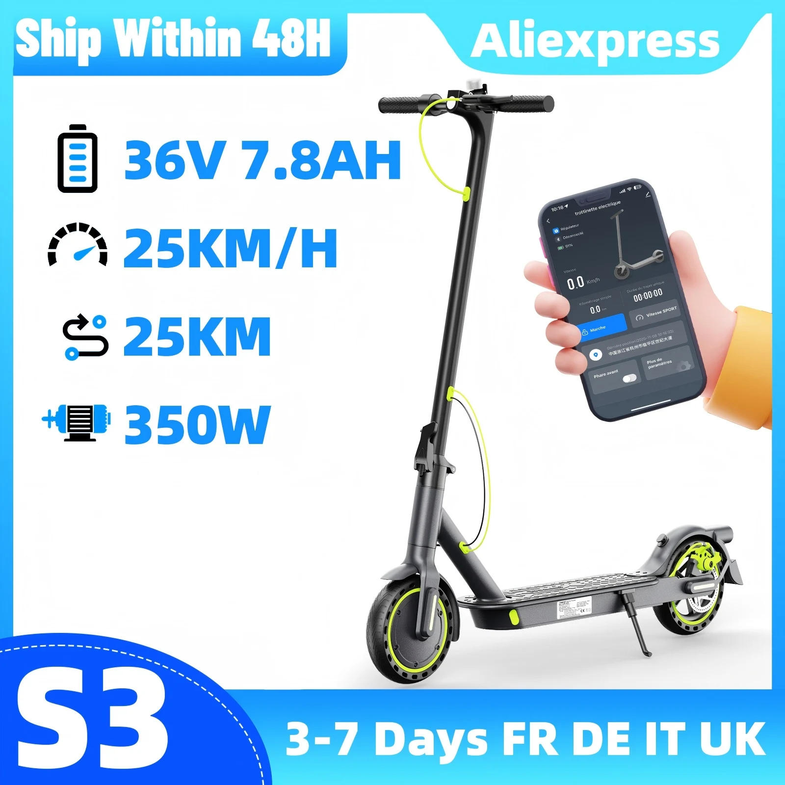 Elektrische volwassen SEEMAR S3a, 36V 10.4Ah, 350W motor, 25 km/u, opvouwbare elektronische rem + schijfrem, APP