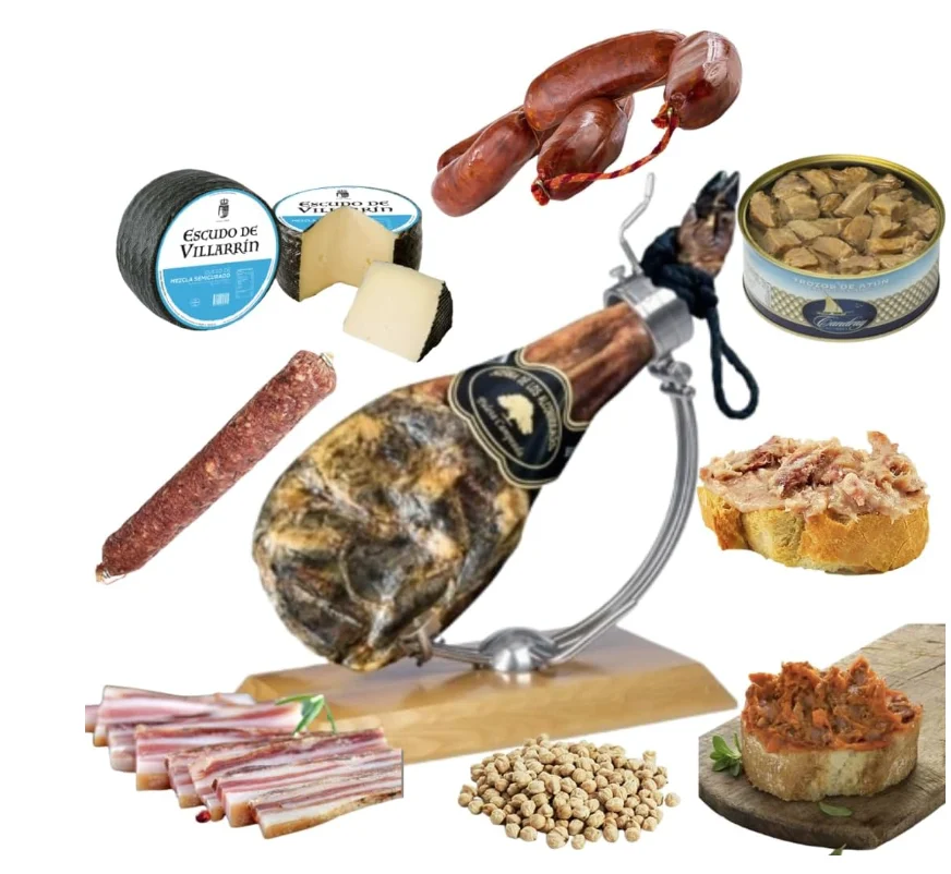 Lote-cesta econômica para presunto serrano (ombro), queijo, bacon, salame, chouriço, atun pode, pimentão, pimentão, zurrapas