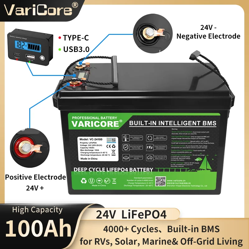 Batteria VariCore LiFePO4 24V 100Ah per Stazione di Alimentazione, Ideale per Avventure all'Aperto, Backup Domestico, Campeggio, Camper, Nautica e Alimentazione Autonoma