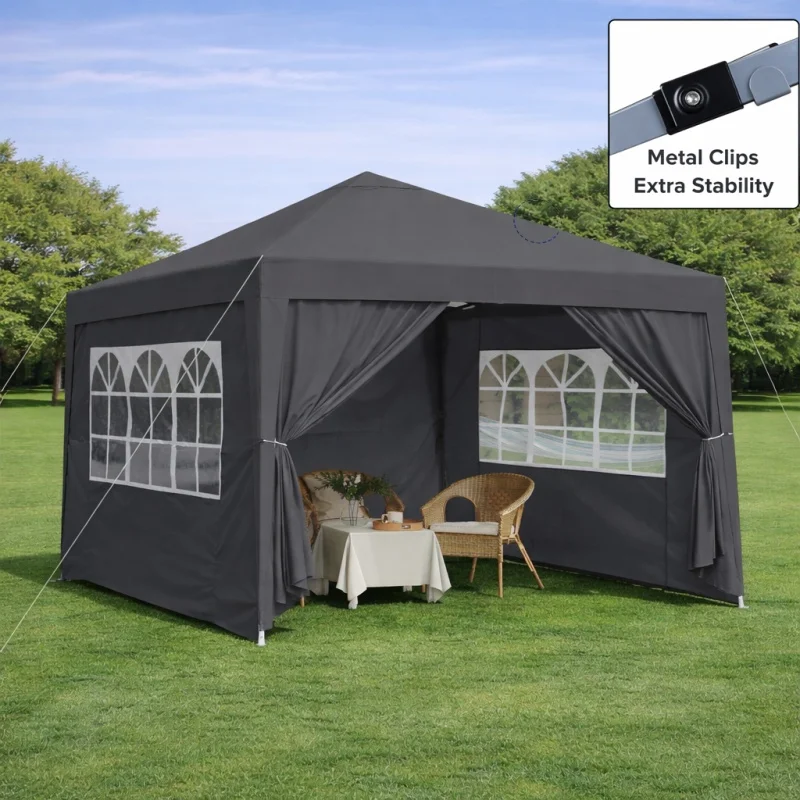 Pavillon pliable 3x3m, imperméable, résistant à l'hiver, avec 4 panneaux latéraux et 4 sacs de sable, protection UV 50+, structure en acier noir robuste, pavillon de jardin pliable pour événements et camping
