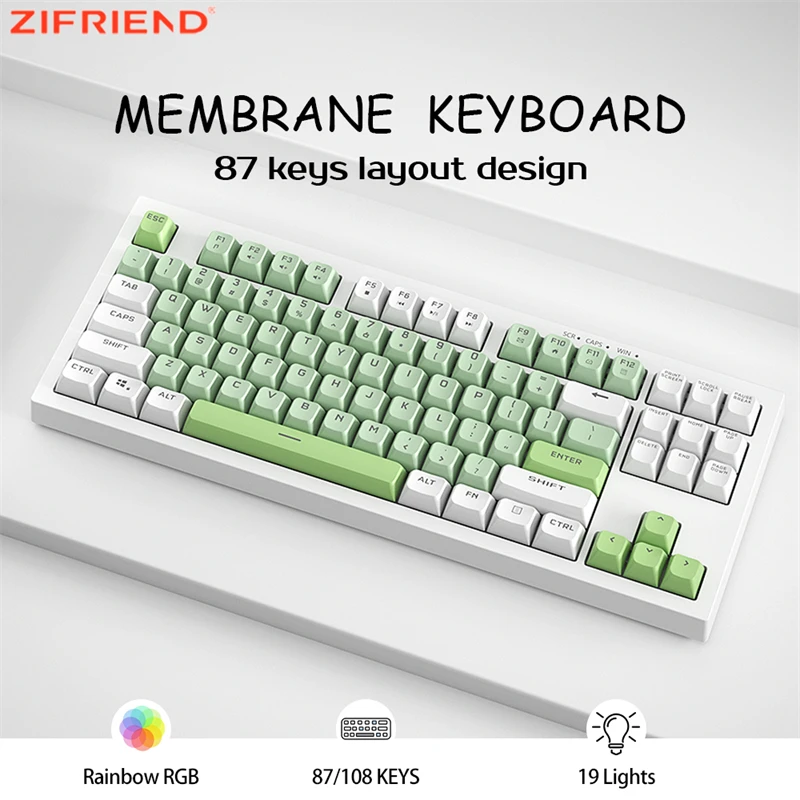 

ZIFRIEND BM87 BM108 Wired Membrane Keyboard Rainbow RGB Backlit for Home Office Gaming Keyboard 87/108 Keys Full Size