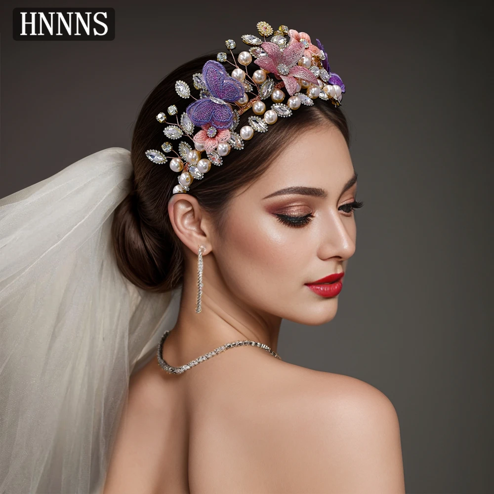 

HNNNS Luxury Rhinestone Bridal Hair Accessories Pearl Wedding Headband Ladies Party Dance Crown Headpiece A198
