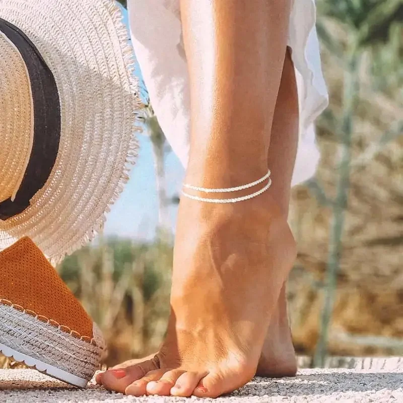 خلخال أنيق ذو طبقات للنساء من الفولاذ المقاوم للصدأ لامع سوار خلخال صيفي للشاطئ مقاوم للماء هدية عيد الأم لصديق #2