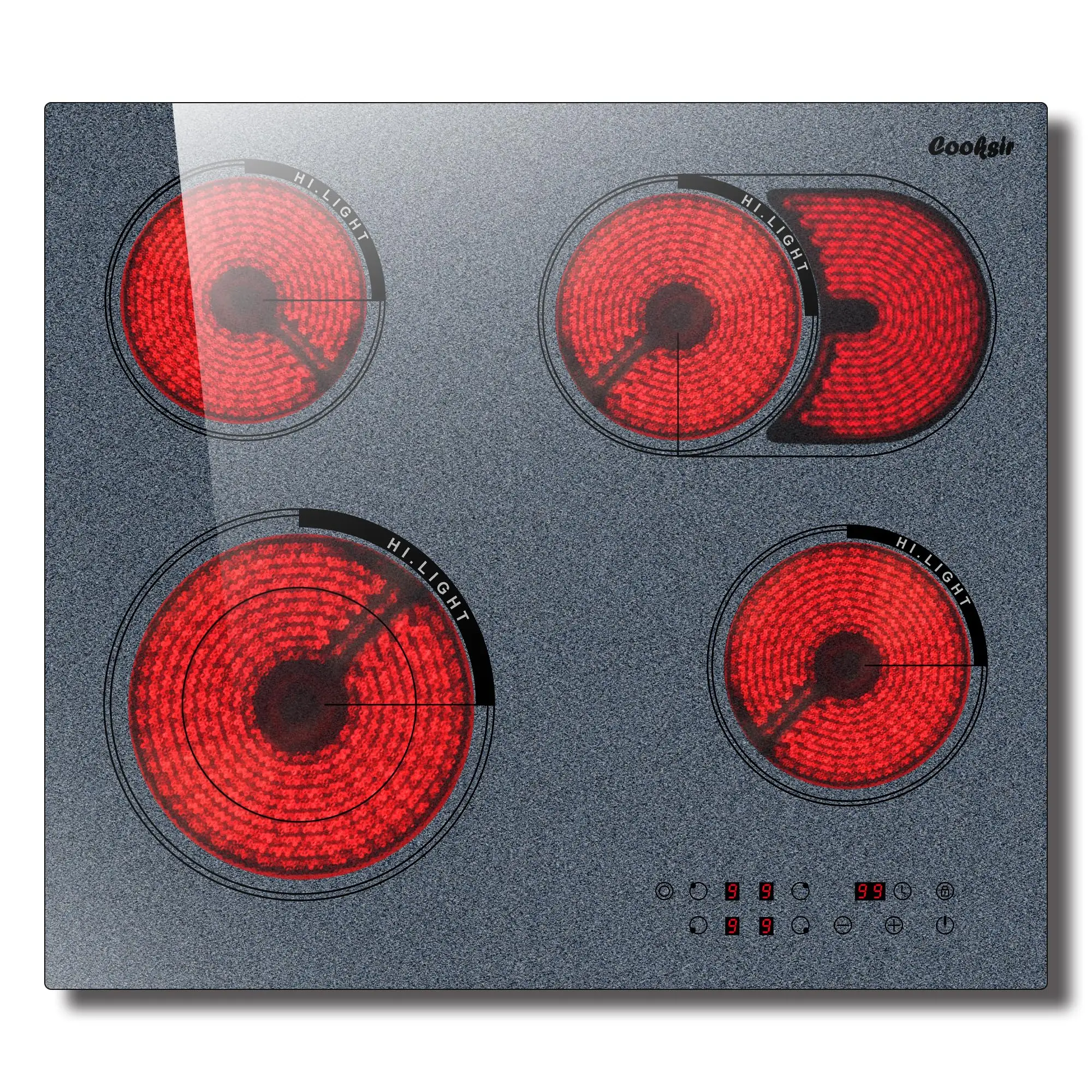 Cooksir Placa Vitrocerámica Encastrable 60 cm - 4 fuegos Independientes, Bloqueo de Seguridad, Temporizador 99 Min, Control Táctil, 240V, Textura Antideslizante (Sin Enchufe)