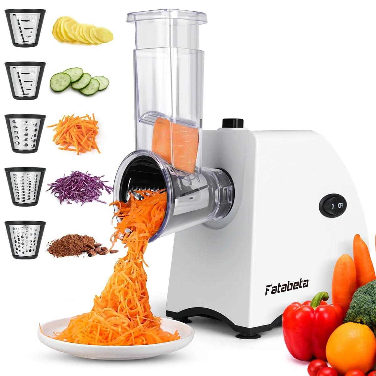 Picadora de Verduras 5 en 1 Fatabeta, Procesador de Alimentos Eléctrico de 250W para Cebolla, Zanahoria, Queso, Nueces, Picado Rápido en 20s, 4 Cuchillas (Cortar en Cubos/Rebanar/Rallar), Bloqueo de Seguridad, Libre de BPA, Fácil de Limpiar, Compacto