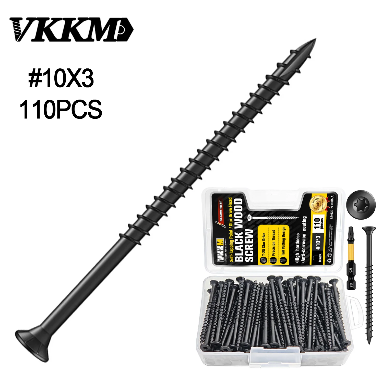 VKKM Black Wood Screws #10×3 Inch 110Pcs T25 Torx Star Drive Self Tapping Screw with T25 Bit for Deck Fence Cabinet Furniture Indoor Woodworking