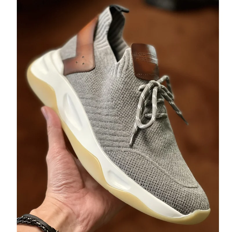 Luxury Men\'s Casual Shoes With Lace Up Knitted Upper Breathable Thick Sole Comfortable Business Casual Fashion Sock Shoes