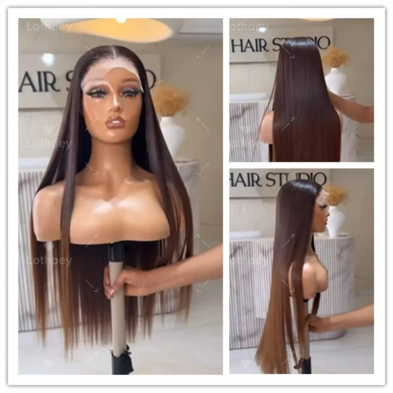 شعر الإنسان الدانتيل الجبهة الباروكات للنساء براون أومبير طويل مستقيم الباروكات مع جذور داكنة شعري طبيعي 360 شعر مستعار دانتيل