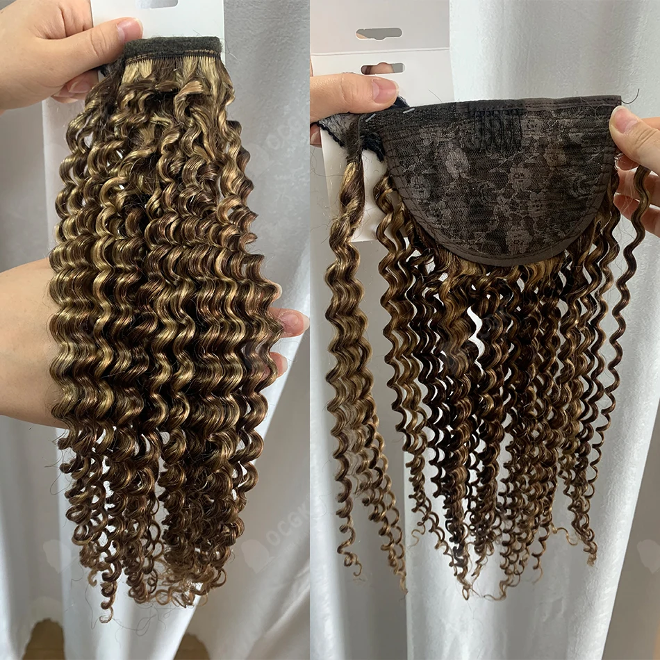 Deep Wave Ponytail Human Hair Extensions 12-28 Inch Velcro Clip Wrap Around Brazilian 100% Remy Thick End for Women