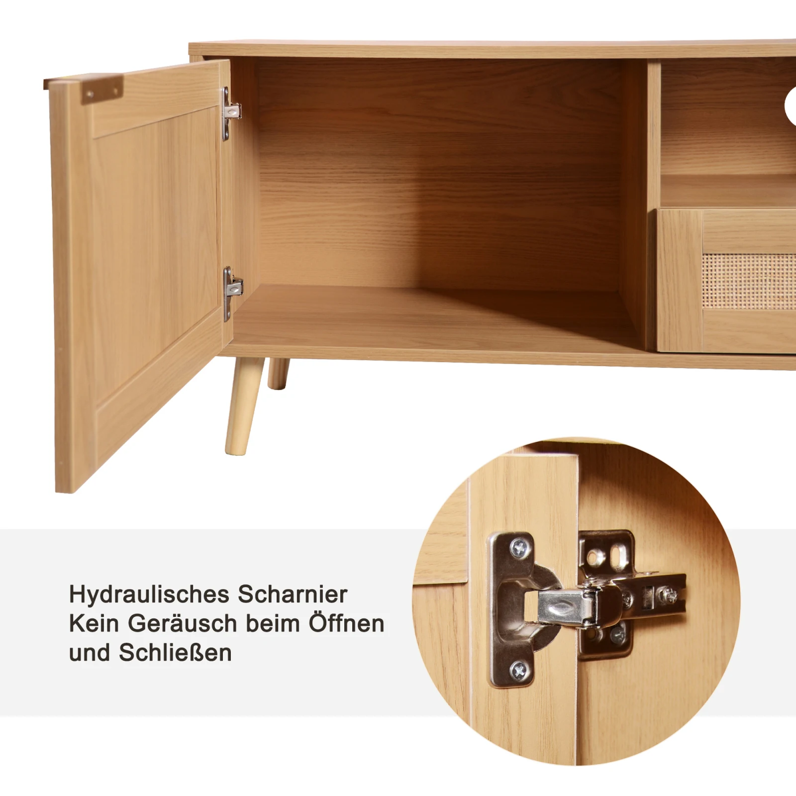 TV-Konsolen tisch, 200*37*49cm, TV-Schrank mit echtem Rattan-Design, TV-Schrank mit Massivholz füßen, geflochtene Rattan-TV-Boards