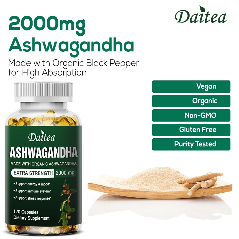 Daitea Organic Ashwagandha Extract Capsules 2000mg for Mood, Sleep, Energy Support - Antioxidant Supplement