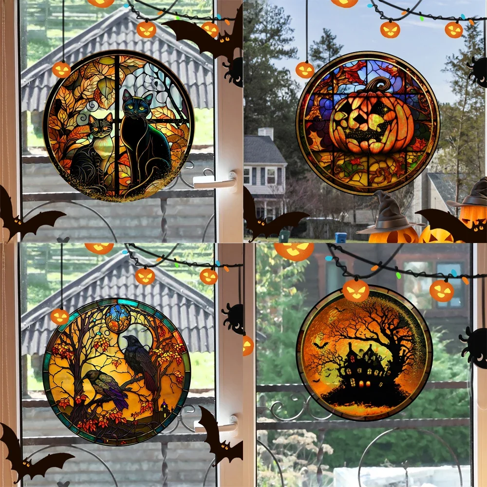 Halloween PVC Statische Glasaufkleber Gruselige Schloss Katze Glasaufkleber Nicht klebende abnehmbare Party-Heimdekorationen