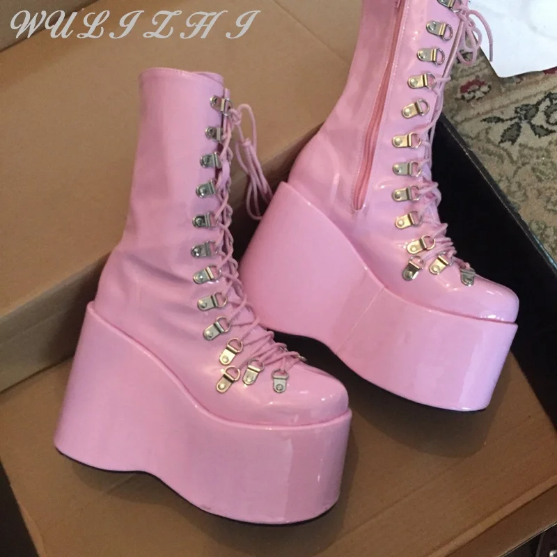 Pink Casual Wedge-Heeled Platform Women Boots Low Top Platform Shoes Solid Color Round Toe Fashion High Heeled Elastic Boots