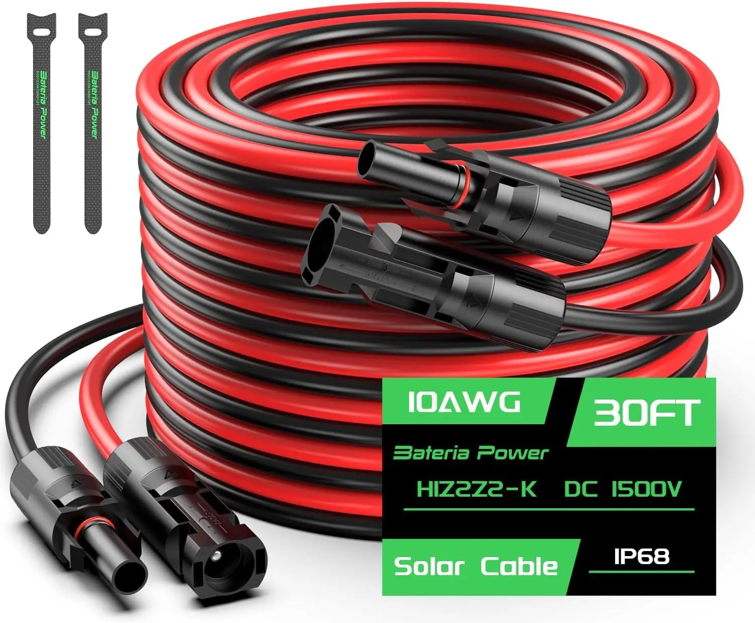 

30FT 10AWG Solar Panel Extension Cable 6mm² Solar Extension Cable Wire with Female&Male Waterproof Connectors Set of 2