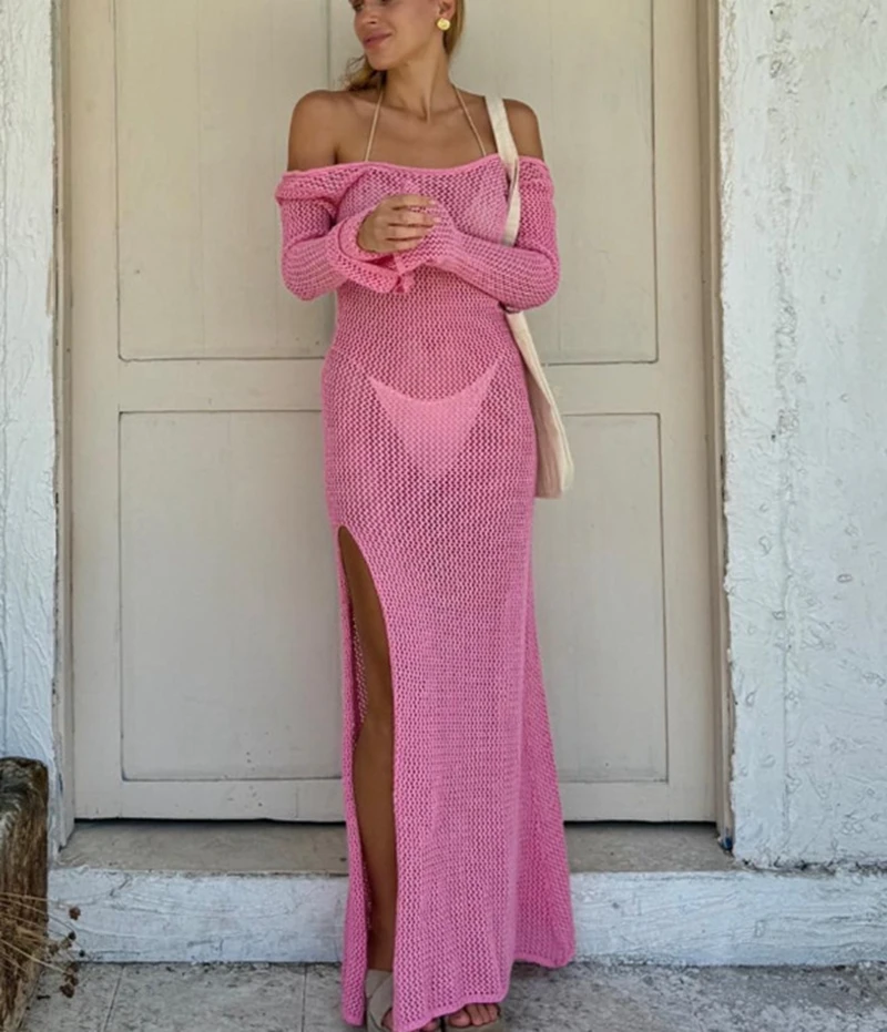 

Long Sleeve High Slit Beach Dress Women Sexy Backless Knit Bikini Cover-Up Summer Swimsuit Female Swimwear Sheer Sarong