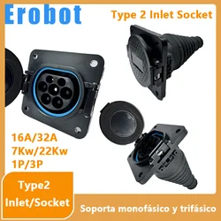 Erobot-Adaptador de carregador para veículo elétrico, carregamento de carro, EVSE tipo 2, soquetes de entrada EV, 16A-32A, 1P, 3 Phase, IEC 62196-2