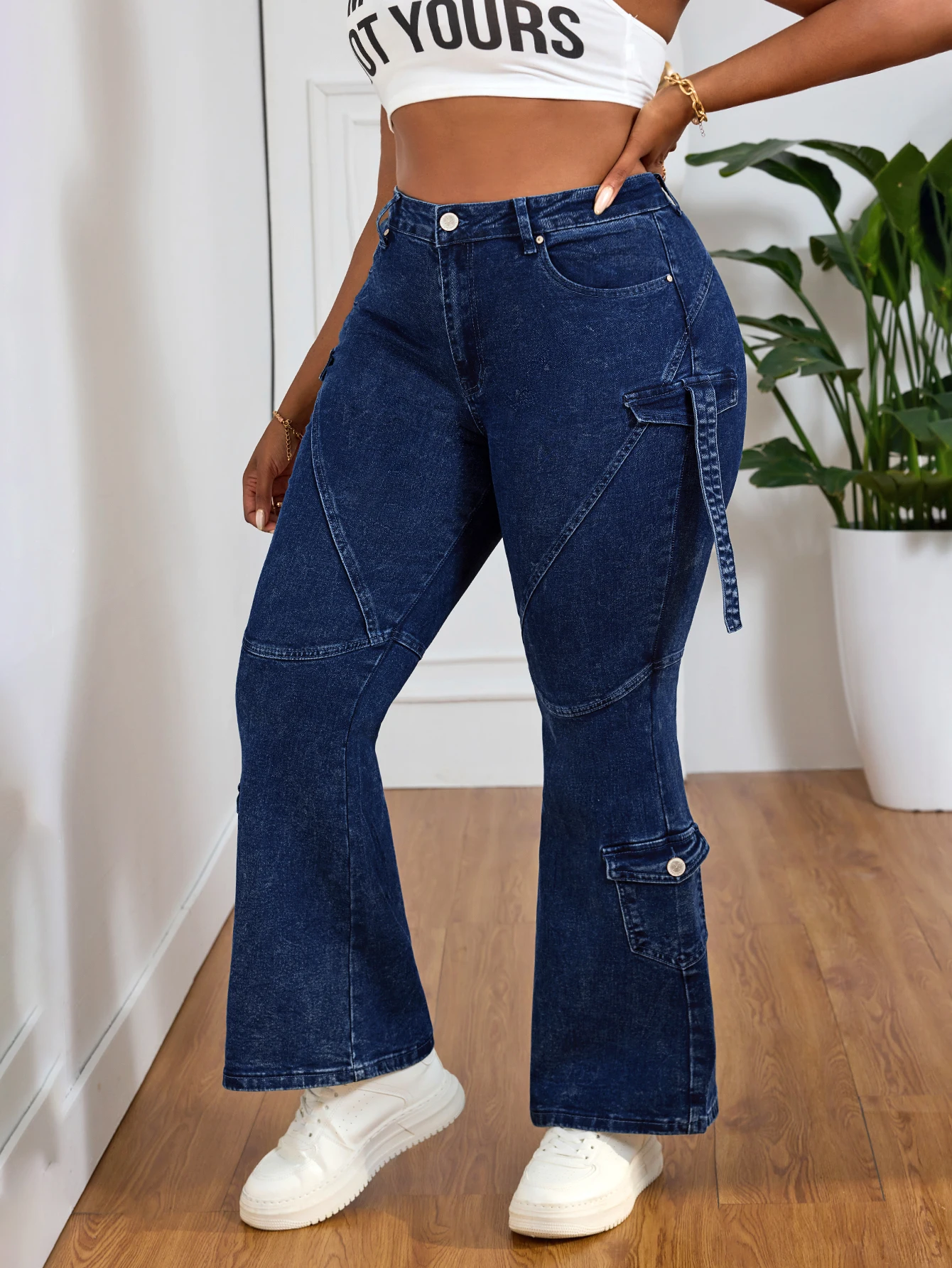Pantalones vaqueros cargo elásticos ajustados de talla grande para mujer, pantalones vaqueros favorecedores con curva moldeadora y cintura alta