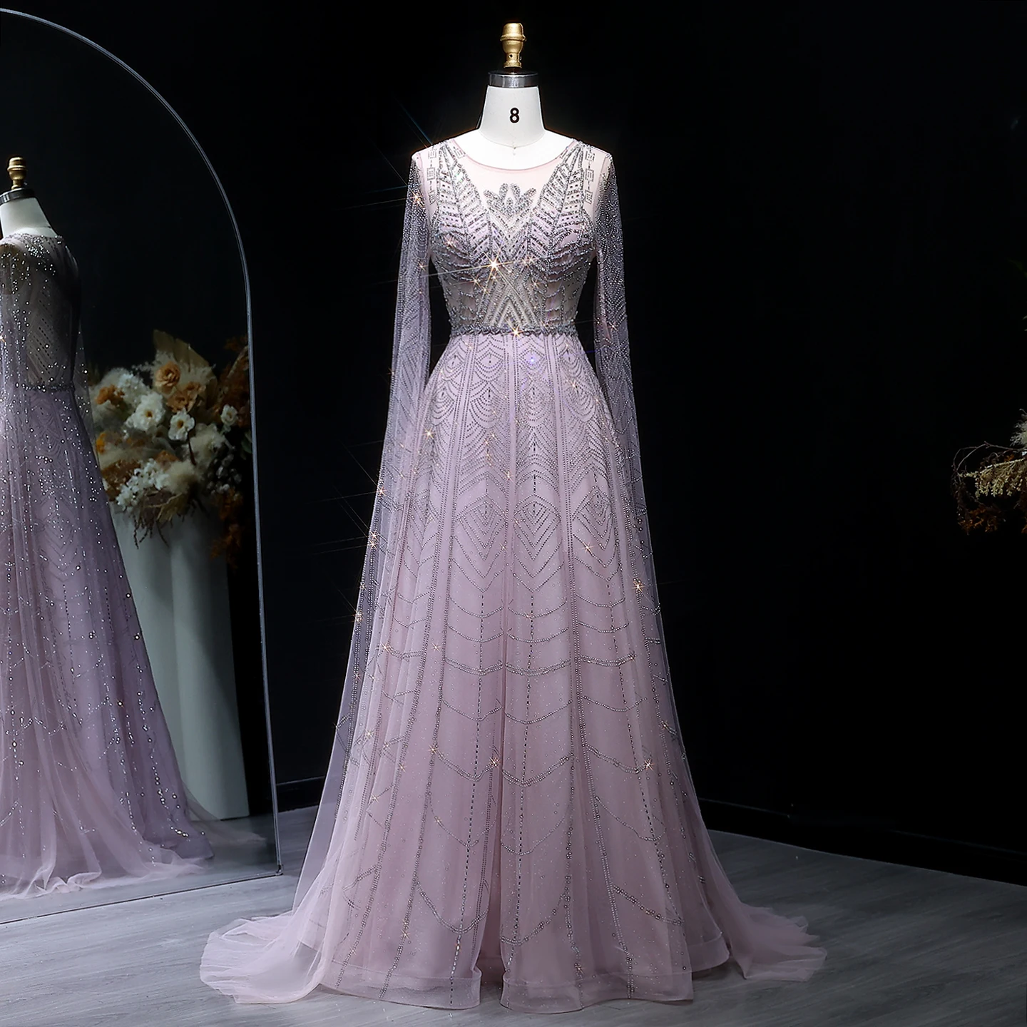 

Sharon Said Elegant Crystal Pink Evening Dress with Cape Sleeves Intricate Blue Arabic Weddig Formal Party Gowns SS030 Custom