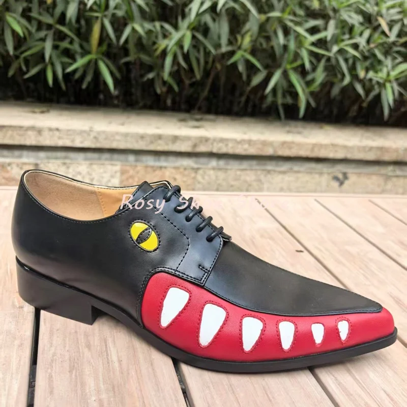 Men's Multicolor Crocodile Pattern Leather Shoe Weird Style Color Matching Point Toe Lace Up Stacked Heel Spring Summer Men Shoe