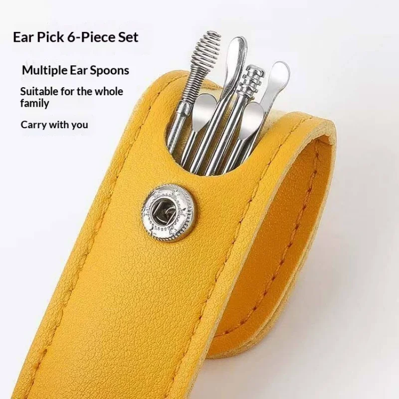 6Pcs Stainless Steel Ear Wax Removal Tool Set Portable Ear Cleaner Kit With Leather Storage Pouch For Ear Care