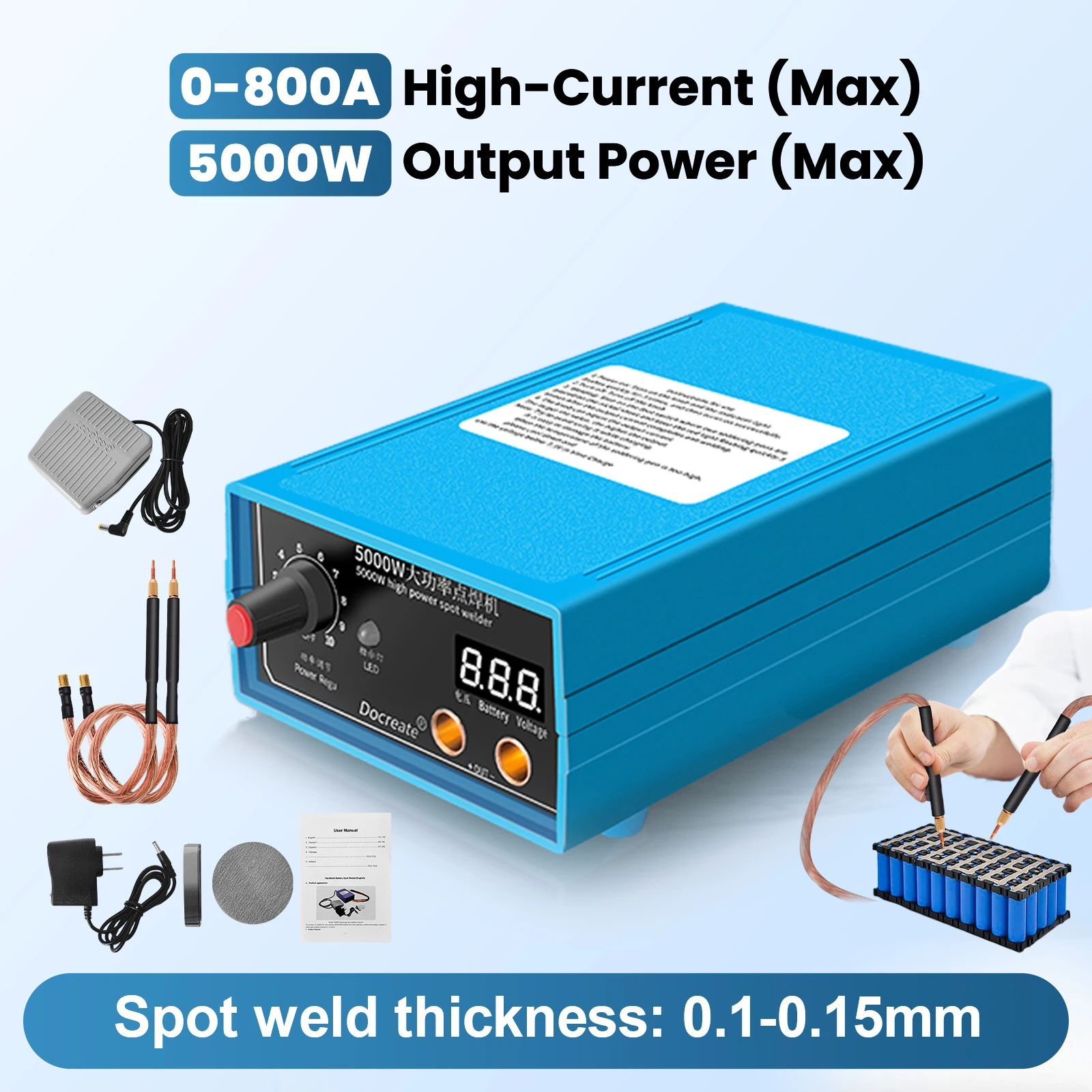 5000W Hochleistungs-DIY-Handpunktschweißgerät, tragbare Maschine, 0-800A, 0,1-0,15mm, einstellbare Punktschweißmaschine für 18650-Akkus