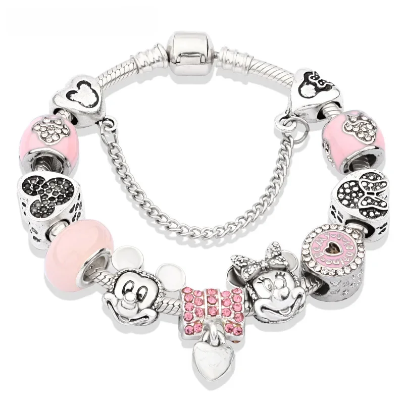 Disney-Mickey Minnie Bracelete com amuletos para mulheres, bonito cristal rosa, cor prata, cordão